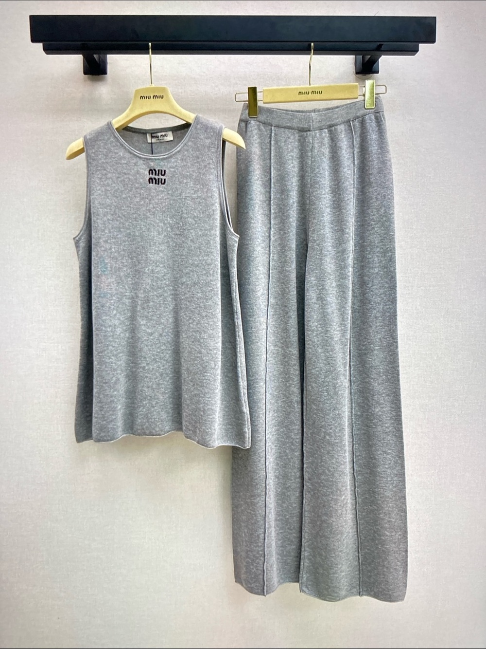 Miu Miu Gray Knit Tank Top & Wide Leg Trousers Set Only Tried-On